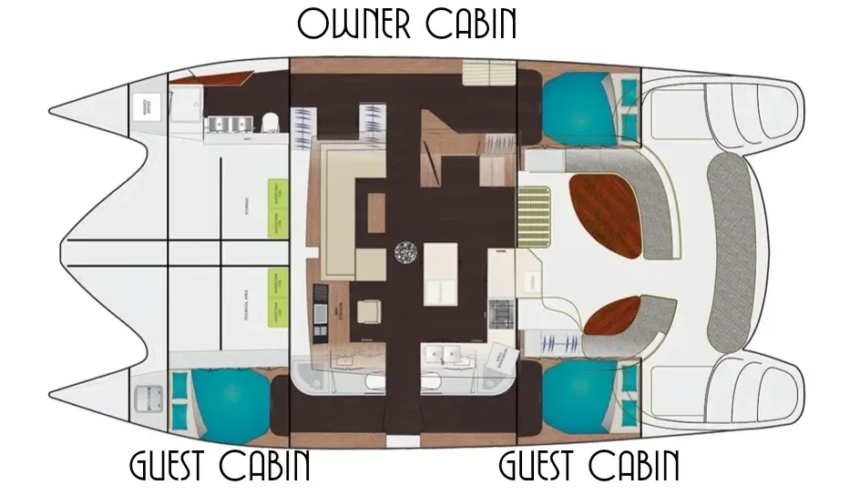 Deck layout diagram of the Xquisite X5 catamaran showing cabins, salon, galley, and cockpit