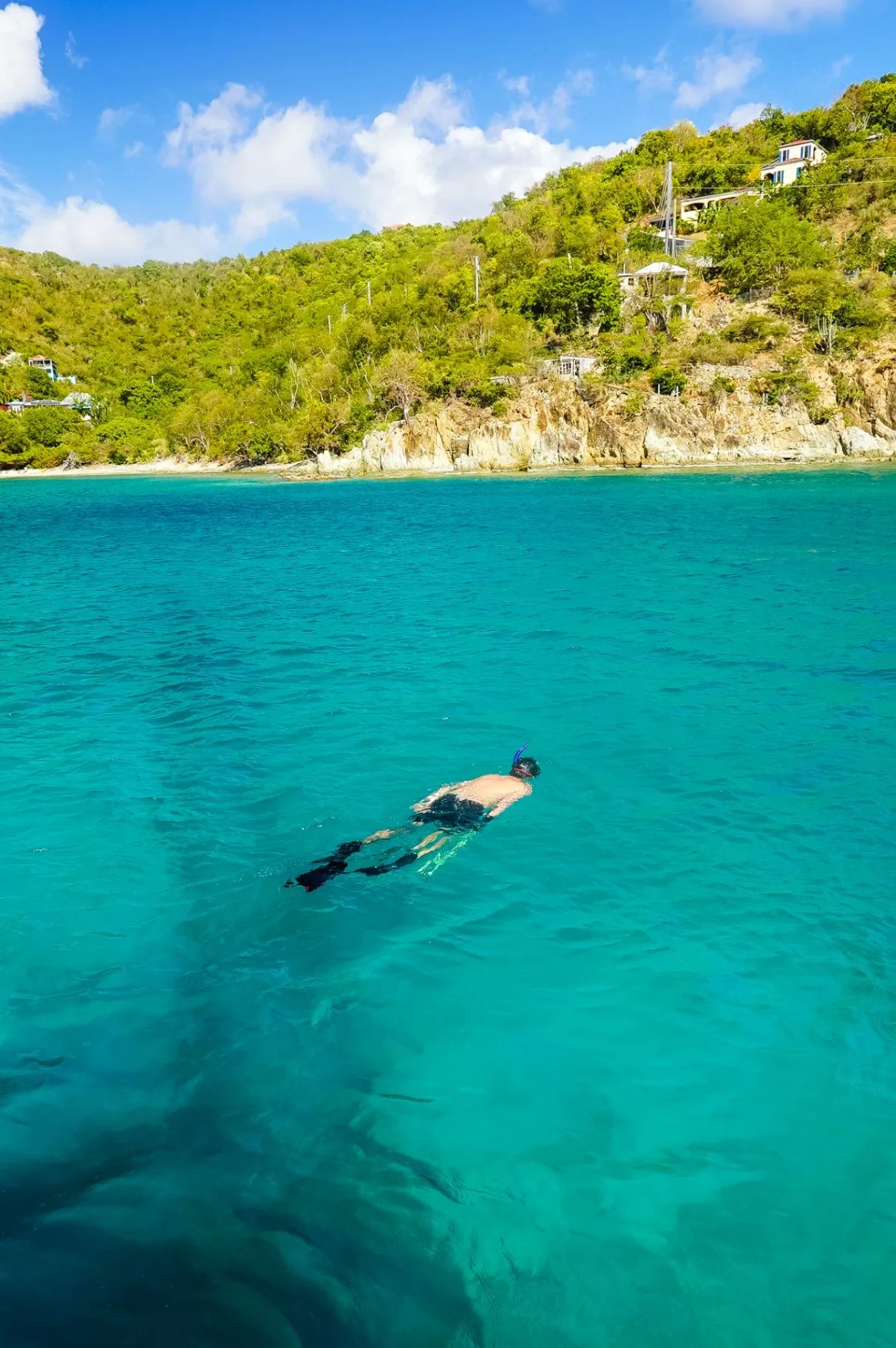 Guest snorkeling in clear turquoise water below a green USVI hillside near Stella Blue